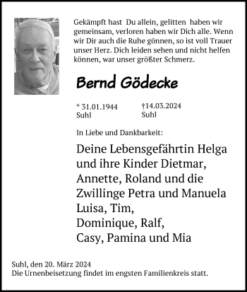 Traueranzeige von Bernd Gödecke von Südthüringer Presse