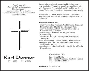 Traueranzeige von Kurt Denner von Südthüringer Presse