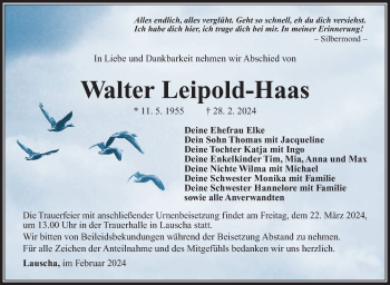 Traueranzeige von Walter Leipold-Haas von Südthüringer Presse