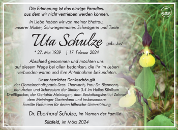 Traueranzeige von Uta Schulze von Südthüringer Presse