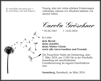 Traueranzeige von Carola Gröschner von Südthüringer Presse