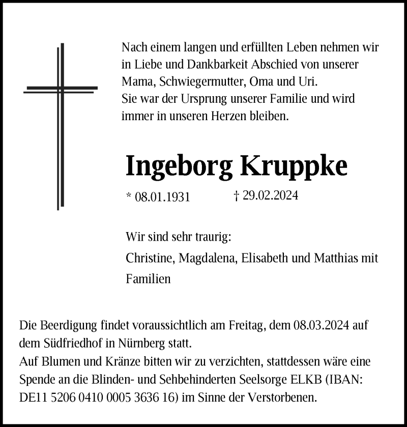  Traueranzeige für Ingeborg Kruppke vom 02.03.2024 aus Frankenpost