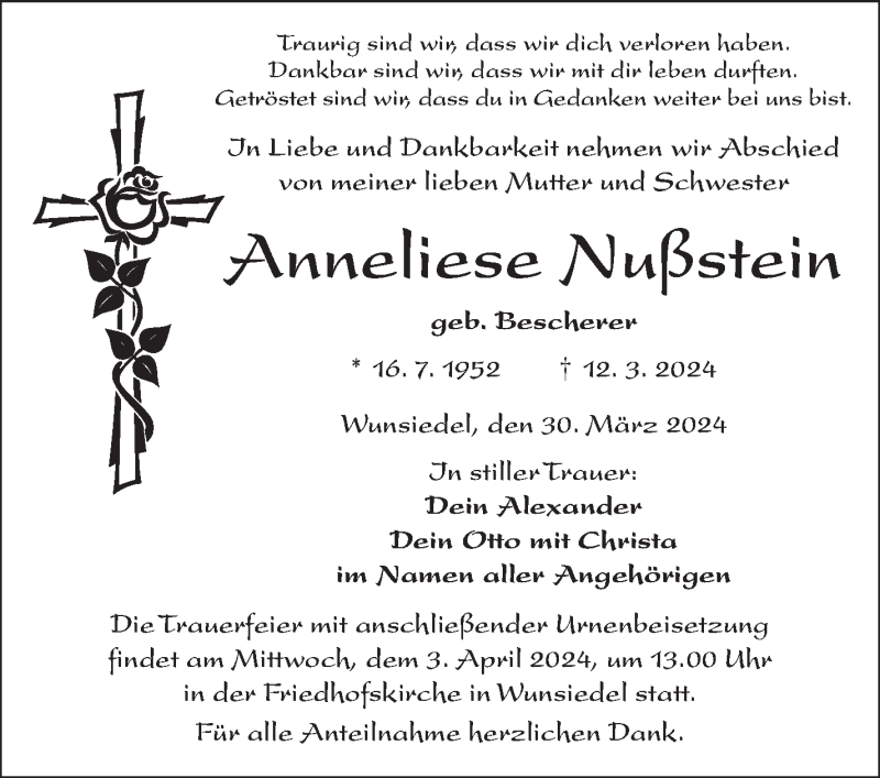  Traueranzeige für Anneliese Nußstein vom 30.03.2024 aus Frankenpost