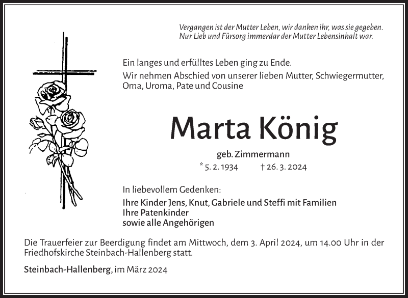  Traueranzeige für Marta König vom 30.03.2024 aus Südthüringer Presse