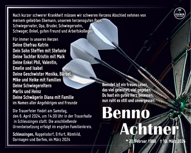  Traueranzeige für Benno Achtner vom 23.03.2024 aus Südthüringer Presse