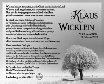 Traueranzeige von Klaus Wicklein von Südthüringer Presse