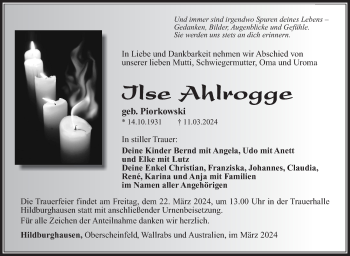 Traueranzeige von Ilse Ahlrogge von Südthüringer Presse