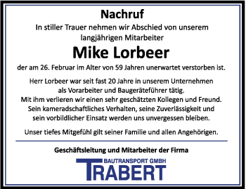 Traueranzeige von Mike Lorbeer von Südthüringer Presse