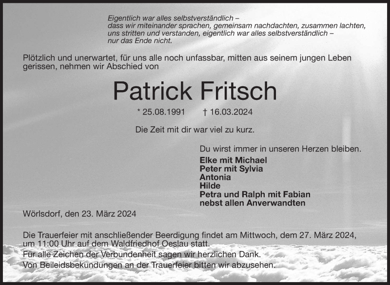  Traueranzeige für Patrick Fritsch vom 23.03.2024 aus Neue Presse Coburg