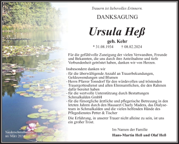 Traueranzeige von Ursula Heß von Südthüringer Presse