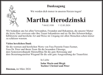 Traueranzeige von Martha Herodzinski von Südthüringer Presse