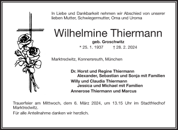 Traueranzeige von Wilhelmine Thiermann von Frankenpost