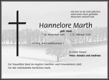 Traueranzeige von Hannelore Marth von Frankenpost