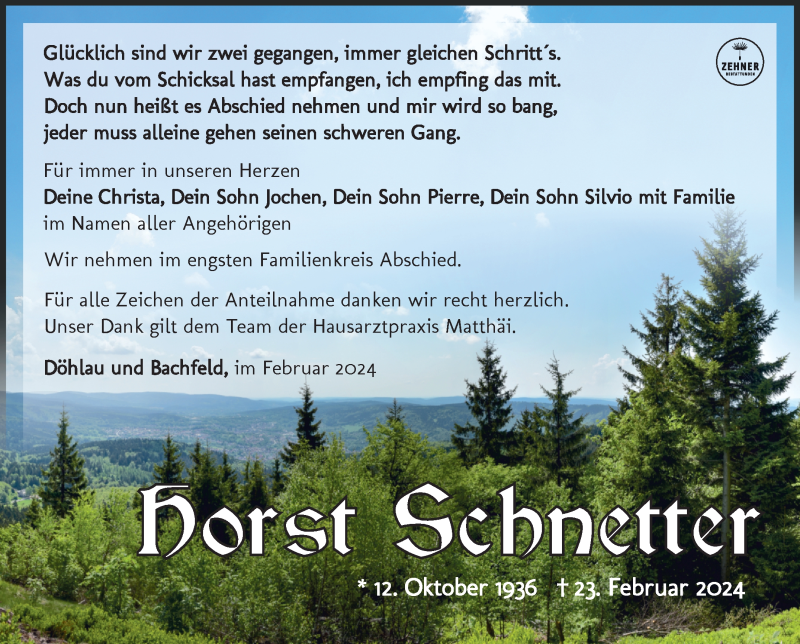  Traueranzeige für Horst Schnetter vom 09.03.2024 aus Südthüringer Presse