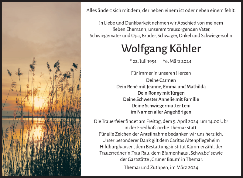  Traueranzeige für Wolfgang Köhler vom 23.03.2024 aus Südthüringer Presse