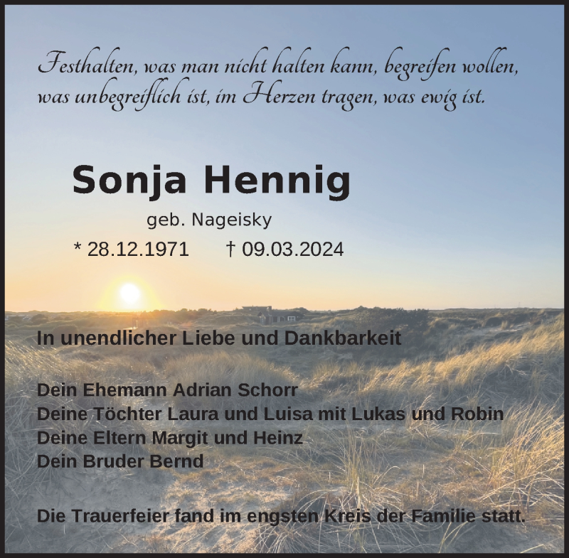  Traueranzeige für Sonja Hennig vom 16.03.2024 aus Neue Presse Coburg