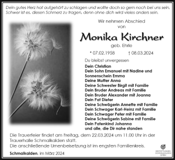 Traueranzeige von Monika Kirchner von Südthüringer Presse