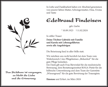Traueranzeige von Edeltraud Findeisen von Südthüringer Presse