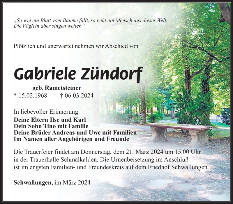  Traueranzeige für Gabriele Zündorf vom 16.03.2024 aus Südthüringer Presse