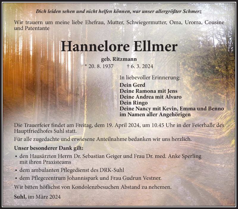  Traueranzeige für Hannelore Ellmer vom 16.03.2024 aus Südthüringer Presse
