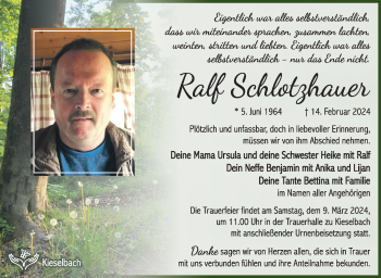 Traueranzeige von Ralf Schlotzhauer von Südthüringer Presse
