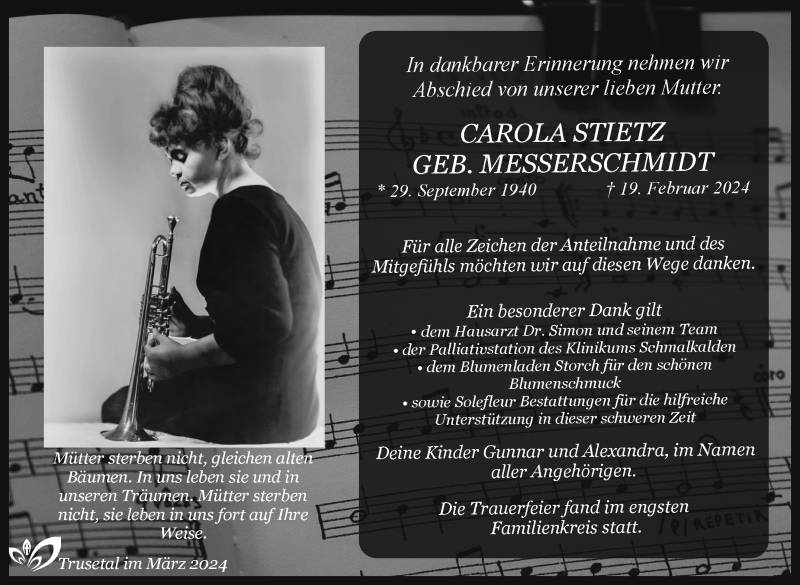  Traueranzeige für Carola Stietz vom 16.03.2024 aus Südthüringer Presse
