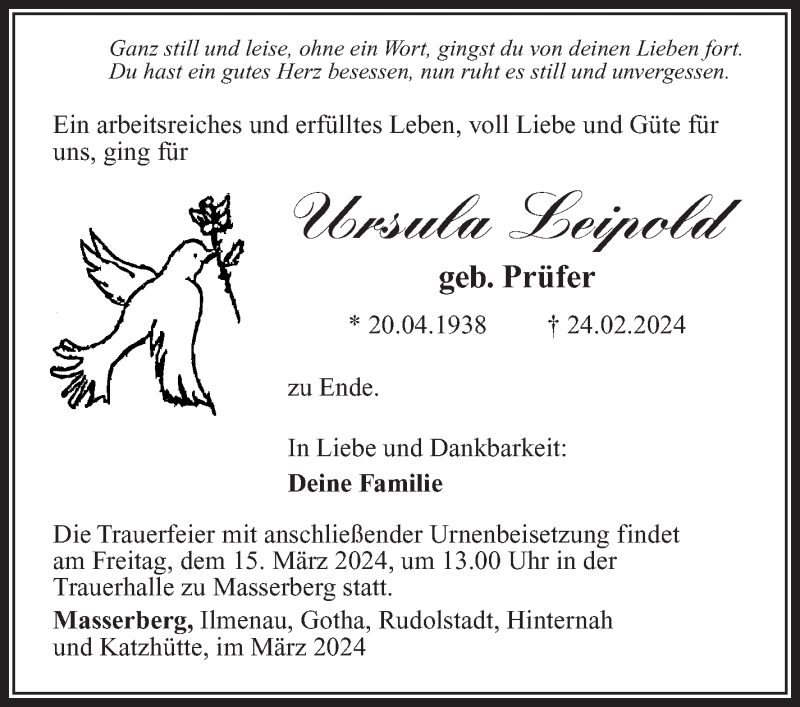  Traueranzeige für Ursula Leipold vom 02.03.2024 aus Südthüringer Presse