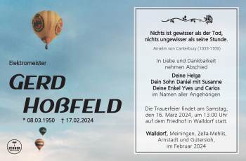 Traueranzeige von Gerd Hoßfeld von Südthüringer Presse