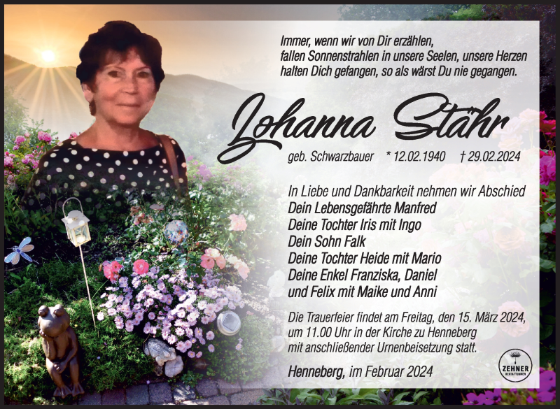  Traueranzeige für Johanna Stähr vom 09.03.2024 aus Südthüringer Presse