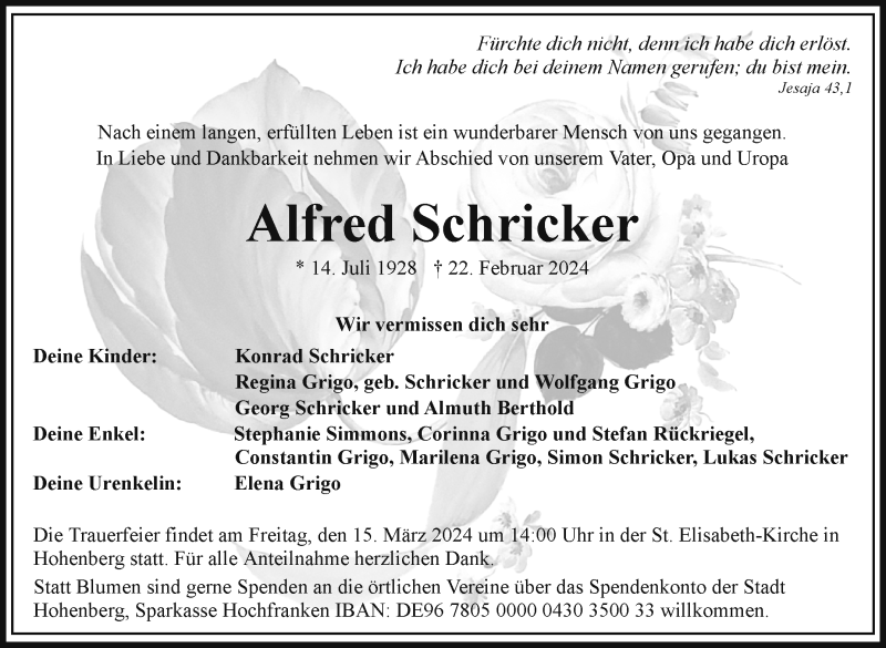  Traueranzeige für Alfred Schricker vom 02.03.2024 aus Frankenpost
