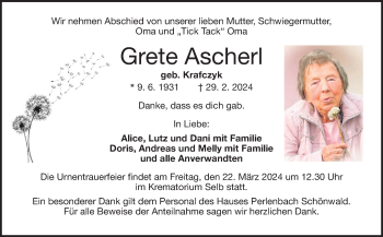 Traueranzeige von Grete Ascherl von Frankenpost
