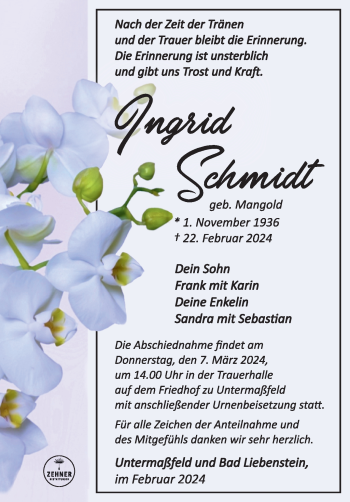Traueranzeige von Ingrid Schmidt von Südthüringer Presse
