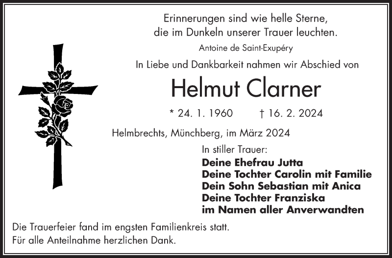  Traueranzeige für Helmut Clarner vom 09.03.2024 aus Frankenpost