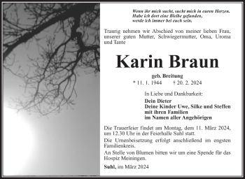 Traueranzeige von Karin Braun von Südthüringer Presse