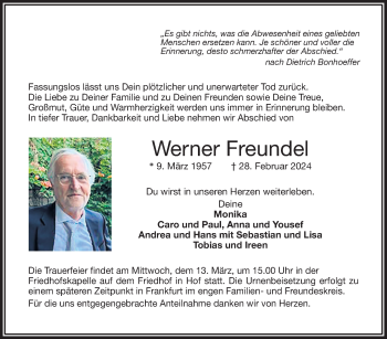 Traueranzeige von Werner Freundel von Frankenpost