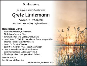 Traueranzeige von Grete Lindemann von Südthüringer Presse