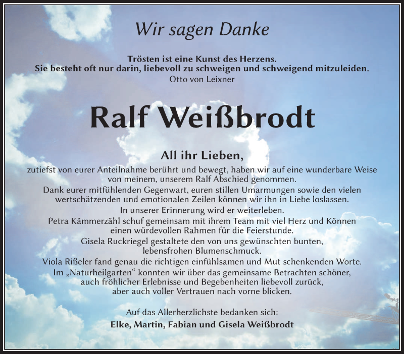 Traueranzeige für Ralf Weißbrodt vom 27.04.2024 aus Südthüringer Presse