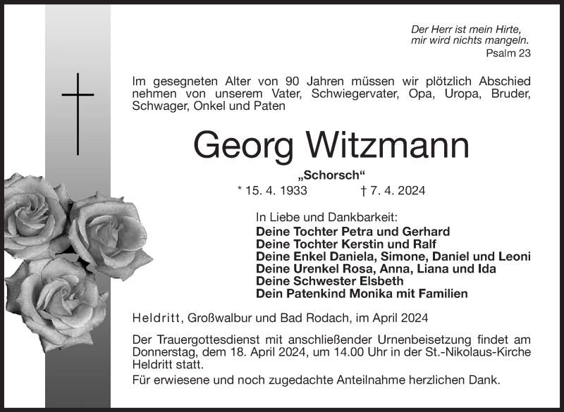  Traueranzeige für Georg Witzmann vom 13.04.2024 aus Neue Presse Coburg
