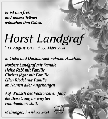 Traueranzeige von Horst Landgraf von Südthüringer Presse