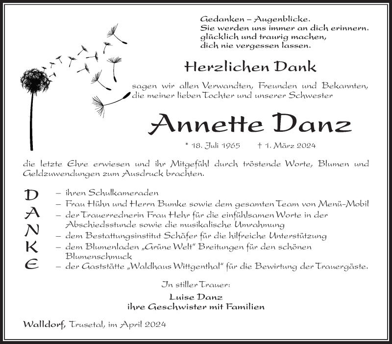  Traueranzeige für Annette Danz vom 13.04.2024 aus Südthüringer Presse
