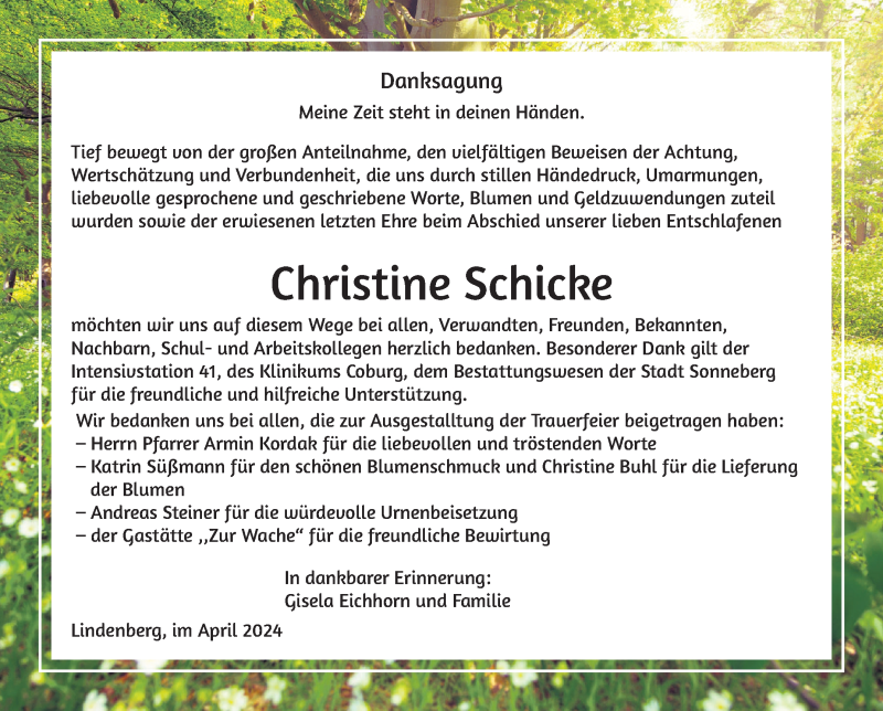  Traueranzeige für Christine Schicke vom 06.04.2024 aus Südthüringer Presse