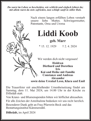 Traueranzeige von Liddi Koob von Südthüringer Presse