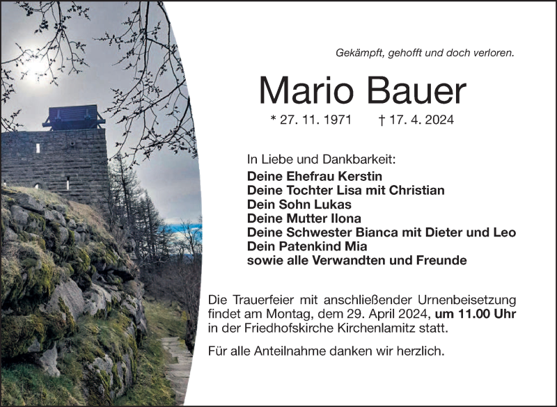  Traueranzeige für Mario Bauer vom 25.04.2024 aus Frankenpost