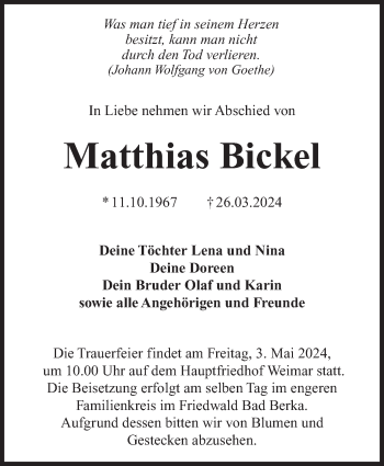 Traueranzeige von Matthias Bickel von Südthüringer Presse