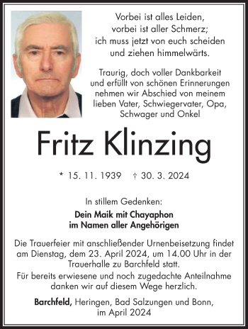 Traueranzeige von Fritz Klinzing von Südthüringer Presse