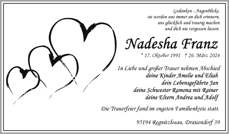  Traueranzeige für Nadeshda Franz vom 06.04.2024 aus Frankenpost