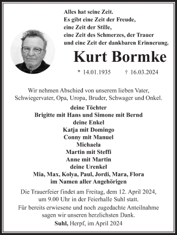 Traueranzeige von Kurt Bormke von Südthüringer Presse