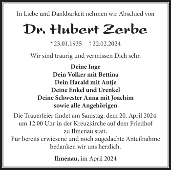 Traueranzeige von Hubert Zerbe von Südthüringer Presse
