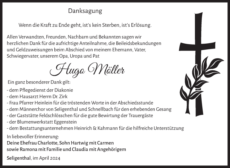  Traueranzeige für Hugo Möller vom 06.04.2024 aus Südthüringer Presse