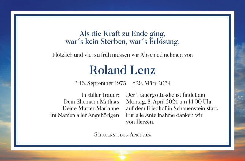  Traueranzeige für Roland Lenz vom 03.04.2024 aus Frankenpost